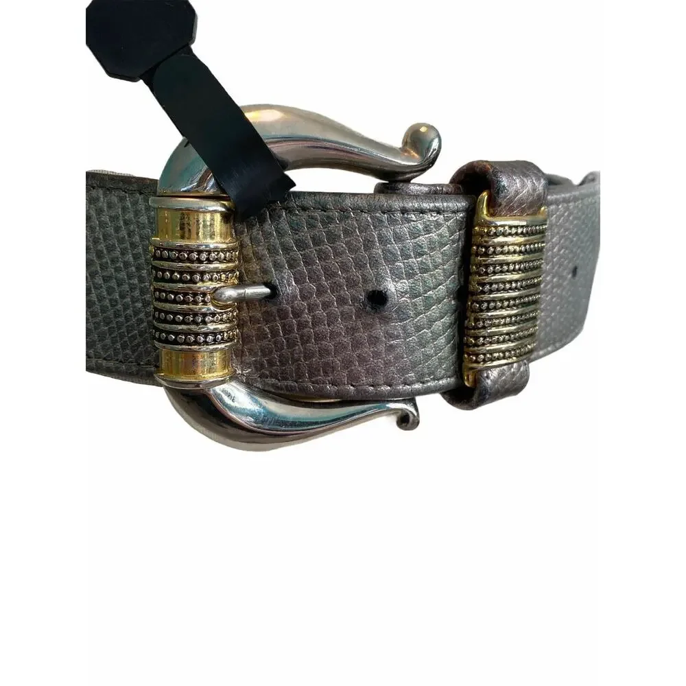 Small Leather Belt Wide Metallic Silver with Hints of Color Snakeskin Textured